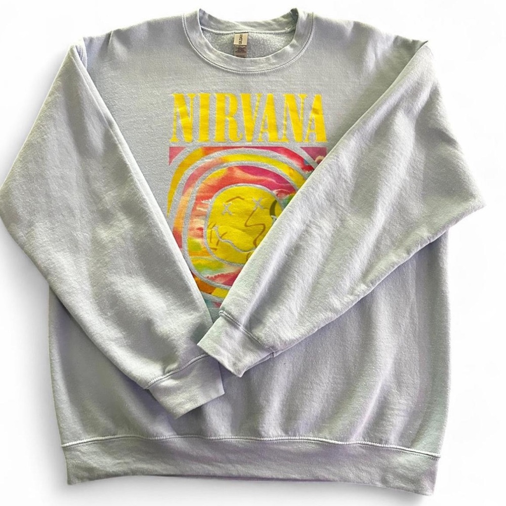 Gildan Nirvana Graphic Crewneck - Baby Blue with Yellow & Pink